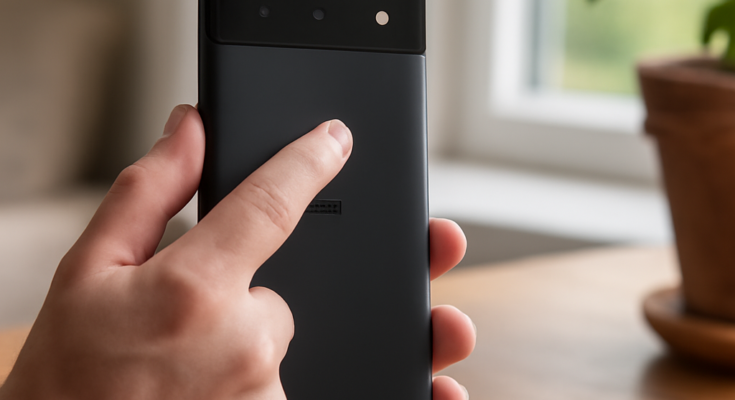 Smartphone in Nahaufnahme, schwarzer Bildschirm, eine Hand entsperrt ein Google-Pixel-Gerät per Fingerabdruck am Display oder Power-Button – Symbolbild für schnelleres Entsperren aus dem Standby durch neues Pixel-Update.