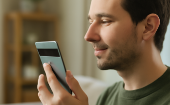 Google-Pixel-Smartphone wird aus dem Standby direkt per Fingerabdruck entsperrt, Finger liegt auf dem im Display integrierten Sensor, Hinweis auf neues Update für schnelleres Entsperren bei ausgeschaltetem Bildschirm.