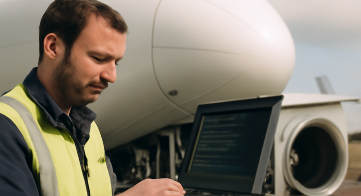 Cockpit eines Airbus A320 am Boden, Techniker arbeitet am Bordcomputer, Symbolbild für dringende Software-Updates an rund 6000 Maschinen weltweit.