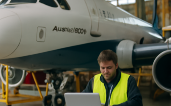 Ein Airbus A320 im Wartungshangar, Techniker arbeiten am Cockpit und an Bordcomputern, Symbolbild für ein weltweites Software-Update zur Behebung eines potenziell sicherheitsrelevanten Systemfehlers.