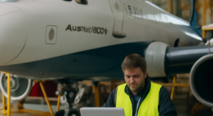 Ein Airbus A320 im Wartungshangar, Techniker arbeiten am Cockpit und an Bordcomputern, Symbolbild für ein weltweites Software-Update zur Behebung eines potenziell sicherheitsrelevanten Systemfehlers.