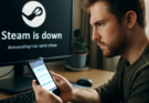 Alt-Text: „Symbolbild für weltweiten Steam-Ausfall: Auf einem PC-Bildschirm ist das Steam-Logo zu sehen, daneben eine Fehlermeldung zur fehlgeschlagenen Verbindung; im Hintergrund unscharf ein frustrierter Gamer vor dem Rechner.“