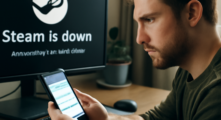 Alt-Text: „Symbolbild für weltweiten Steam-Ausfall: Auf einem PC-Bildschirm ist das Steam-Logo zu sehen, daneben eine Fehlermeldung zur fehlgeschlagenen Verbindung; im Hintergrund unscharf ein frustrierter Gamer vor dem Rechner.“