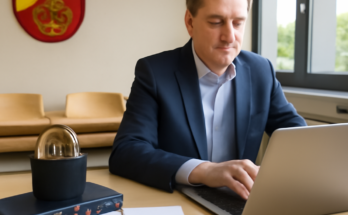 Symbolbild einer modernen Kreisverwaltung: stilisierte Behördengebäude, darüber digitale Netzwerke, KI-Symbole und Sicherheitsschloss, die für den Ausbau von Online-Services, Künstlicher Intelligenz und IT-Sicherheit in der Verwaltung Südliche Weinstraße stehen.