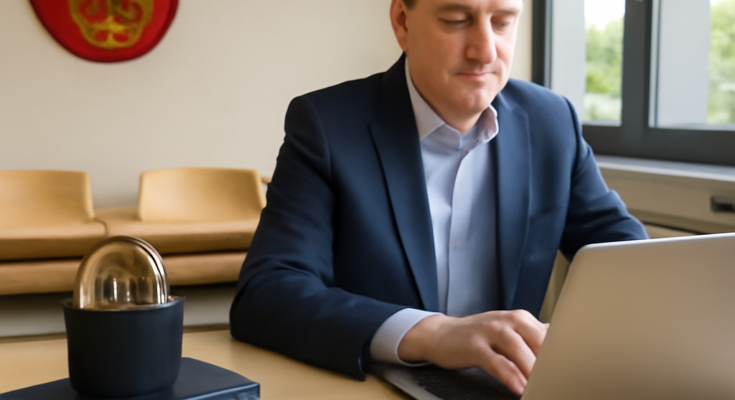 Symbolbild einer modernen Kreisverwaltung: stilisierte Behördengebäude, darüber digitale Netzwerke, KI-Symbole und Sicherheitsschloss, die für den Ausbau von Online-Services, Künstlicher Intelligenz und IT-Sicherheit in der Verwaltung Südliche Weinstraße stehen.