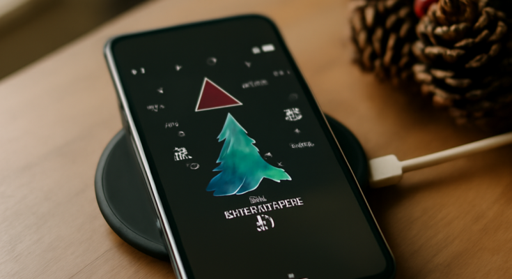 Alt-Text: „Google-Pixel-Smartphone liegt an einem Ladegerät, zeigt aber nur geringen Akkustand; auf dem Display ist ein weihnachtlich gestalteter Bildschirmschoner zu sehen – symbolisiert den Weihnachts-Bug des Dezember-Updates, bei dem der neue Pixel-Bildschirmschoner das Laden und Always-on-Display stört.“