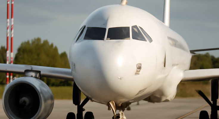 Ein Airbus A320 am Boden vor dem Terminal, dazu eingeblendete Cockpit-Instrumente bzw. digitale Anzeigen, symbolisch für ein Software-Problem bei der Höhenanzeige und daraus resultierende Sicherheitsanweisungen und mögliche Flugausfälle.