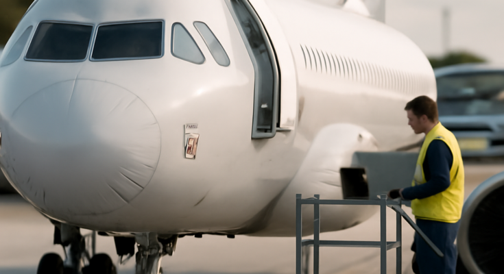 Ein Airbus-A320-Jet auf dem Rollfeld, dazu Texthinweis auf ein verpflichtendes Software-Update für tausende Maschinen weltweit nach Vorgaben der Luftfahrtbehörden, mit Fokus auf Flugsteuerung, Triebwerksabstimmung und erhöhter Flugsicherheit.