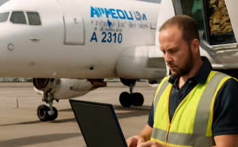 Ein Airbus-A320-Jet auf dem Vorfeld eines Flughafens, im Vordergrund Techniker bei der Wartung, dazu angedeutete Bordcomputer- oder Software-Update-Symbole, um das verpflichtende Software-Update für tausende A320-Mittelstreckenflugzeuge zu visualisieren.