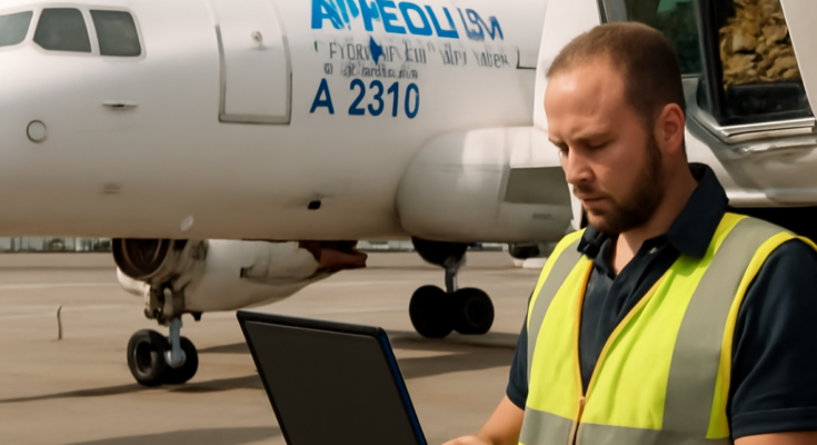 Ein Airbus-A320-Jet auf dem Vorfeld eines Flughafens, im Vordergrund Techniker bei der Wartung, dazu angedeutete Bordcomputer- oder Software-Update-Symbole, um das verpflichtende Software-Update für tausende A320-Mittelstreckenflugzeuge zu visualisieren.