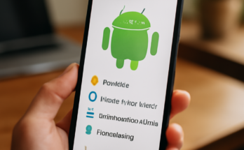 Smartphone mit Android-Oberfläche, das neue KI-Funktionen, überarbeitete Benachrichtigungen, Mediensteuerung und Sicherheits-Icons zeigt, symbolisch für das große Android-Meilenstein-Update von Google.