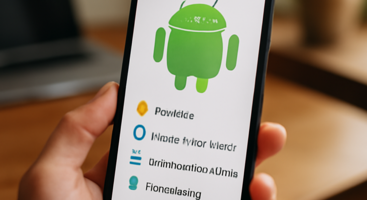 Smartphone mit Android-Oberfläche, das neue KI-Funktionen, überarbeitete Benachrichtigungen, Mediensteuerung und Sicherheits-Icons zeigt, symbolisch für das große Android-Meilenstein-Update von Google.