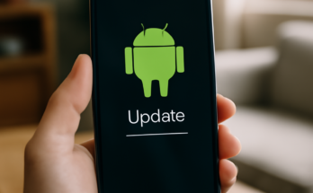 Smartphone mit aktuellem Android-Interface, Symbolen für Sicherheit, Vernetzung und Barrierefreiheit; im Hintergrund stilisierte Verbindung zu Chromebook und weiteren Geräten, dazu Hinweis auf neues Google-Update als Meilenstein für Alltag, Datenschutz und Produktivität.