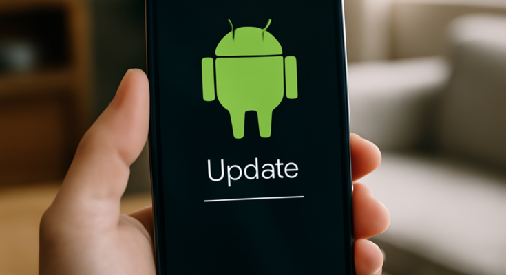 Smartphone mit aktuellem Android-Interface, Symbolen für Sicherheit, Vernetzung und Barrierefreiheit; im Hintergrund stilisierte Verbindung zu Chromebook und weiteren Geräten, dazu Hinweis auf neues Google-Update als Meilenstein für Alltag, Datenschutz und Produktivität.