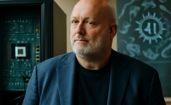 Symbolbild mit Werner Vogels vor futuristischer Stadtsilhouette und digitalen Interface-Elementen, die KI, spezialisierte Chips, vernetzte Geräte, Cloud- und Edge-Computing sowie Sicherheits- und Nachhaltigkeitssymbole für die Tech-Trends 2026 darstellen.