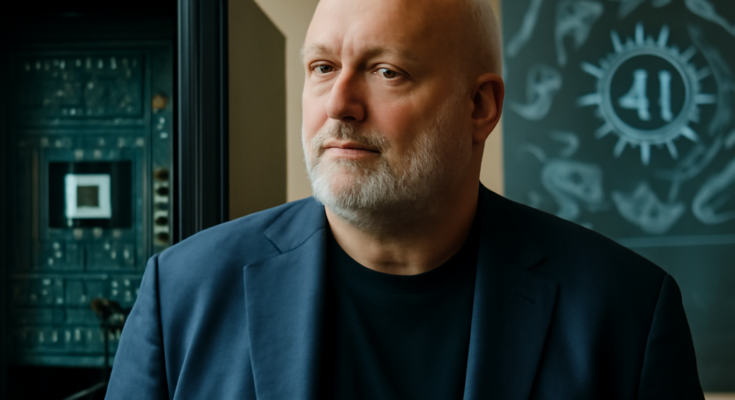 Symbolbild mit Werner Vogels vor futuristischer Stadtsilhouette und digitalen Interface-Elementen, die KI, spezialisierte Chips, vernetzte Geräte, Cloud- und Edge-Computing sowie Sicherheits- und Nachhaltigkeitssymbole für die Tech-Trends 2026 darstellen.