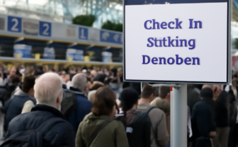 Alt-Text: „Lange Warteschlangen vor den Check-in-Schaltern im Terminal des Flughafens Düsseldorf, Passagiere warten mit Gepäck auf die Abfertigung; Hinweistext zur inzwischen behobenen technischen Check-in-Störung.“