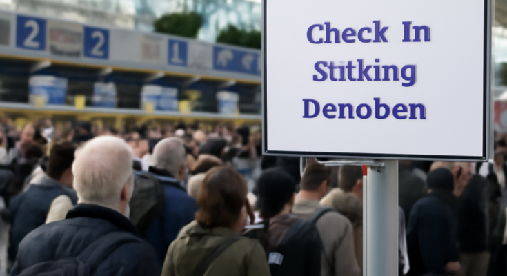 Alt-Text: „Lange Warteschlangen vor den Check-in-Schaltern im Terminal des Flughafens Düsseldorf, Passagiere warten mit Gepäck auf die Abfertigung; Hinweistext zur inzwischen behobenen technischen Check-in-Störung.“