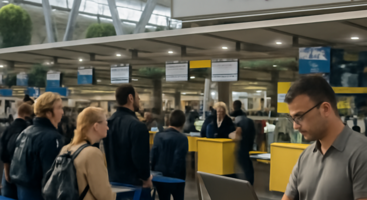 Reisende stehen in langen Schlangen vor den Check-in-Schaltern am Flughafen Düsseldorf, Monitore mit Fluginformationen im Hintergrund; Hinweis auf zuvor behobene IT-Störung beim Check-in und wieder laufenden, aber teils verzögerten Flugbetrieb.