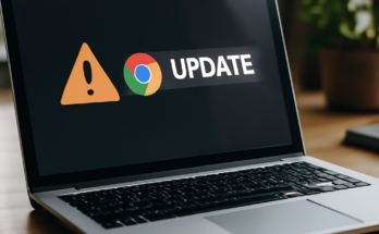 Alt-Text: „Symbolbild eines geöffneten Google-Chrome-Browsers auf einem Laptop, im Vordergrund ein auffälliges Warnsymbol für Sicherheit, dazu ein Hinweis auf ein dringendes Chrome-Update zum Schließen von zwei kritischen Sicherheitslücken.“