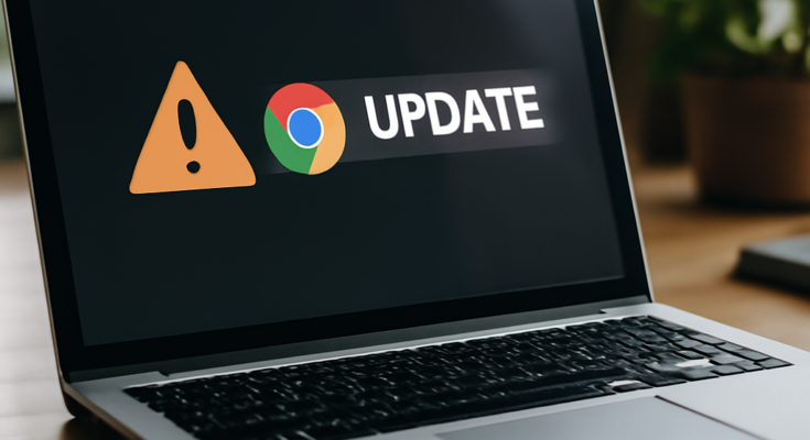 Alt-Text: „Symbolbild eines geöffneten Google-Chrome-Browsers auf einem Laptop, im Vordergrund ein auffälliges Warnsymbol für Sicherheit, dazu ein Hinweis auf ein dringendes Chrome-Update zum Schließen von zwei kritischen Sicherheitslücken.“