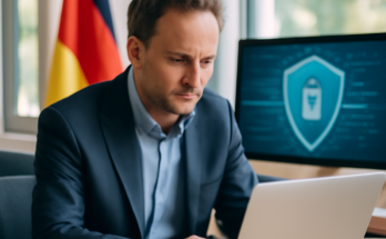 Symbolbild: Verschlüsselter digitaler Datenstrom vor Umriss einer Deutschlandkarte, dazu abstrakte Icons für Cloud, Netzwerk und Sicherheitsschloss als Darstellung von digitaler Souveränität und IT-Sicherheit in Deutschland.