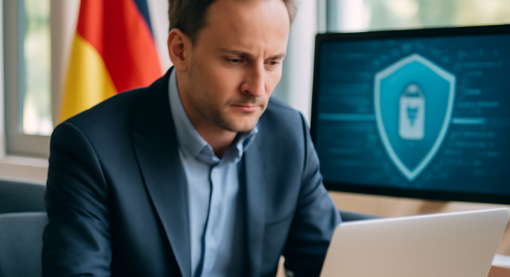 Symbolbild: Verschlüsselter digitaler Datenstrom vor Umriss einer Deutschlandkarte, dazu abstrakte Icons für Cloud, Netzwerk und Sicherheitsschloss als Darstellung von digitaler Souveränität und IT-Sicherheit in Deutschland.