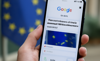 Symbolbild: Smartphone mit geöffnetem Google-Suchergebnis zu Nachrichten und Wetter, daneben EU-Flagge – verdeutlicht EU-Untersuchung zu möglicher Bevorzugung von Google-Diensten auf Android.