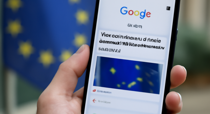 Symbolbild: Smartphone mit geöffnetem Google-Suchergebnis zu Nachrichten und Wetter, daneben EU-Flagge – verdeutlicht EU-Untersuchung zu möglicher Bevorzugung von Google-Diensten auf Android.