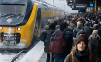 Alt-Text: Menschenmengen warten in einer verschneiten Bahnhofshalle in den Niederlanden, Anzeigetafeln zeigen zahlreiche Zugausfälle, während im Hintergrund Hinweise auf Verspätungen und Störungen im Bahn- und Flugverkehr zu sehen sind.