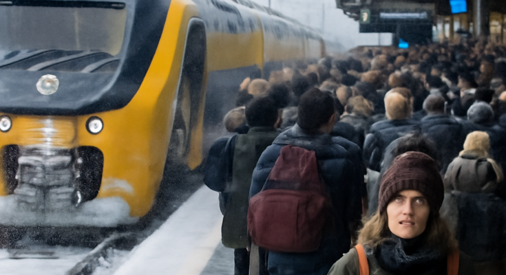 Alt-Text: Menschenmengen warten in einer verschneiten Bahnhofshalle in den Niederlanden, Anzeigetafeln zeigen zahlreiche Zugausfälle, während im Hintergrund Hinweise auf Verspätungen und Störungen im Bahn- und Flugverkehr zu sehen sind.