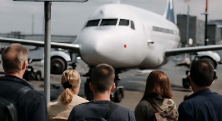 Foto eines Flughafen-Terminals mit wartenden Passagieren vor Anzeigetafeln voller verspäteter und gestrichener Flüge, im Vordergrund ein abgestellter Airbus-Jet, der wegen eines Software-Problems am Boden bleibt.