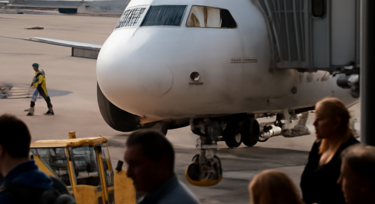 Alt-Text: „Passagiere warten mit Koffern in einer vollen Flughafen-Abflughalle vor Anzeigetafeln mit zahlreichen verspäteten und gestrichenen Flügen, Symbolbild für Flugausfälle und Verspätungen durch ein Software-Problem bei Airbus-Maschinen.“