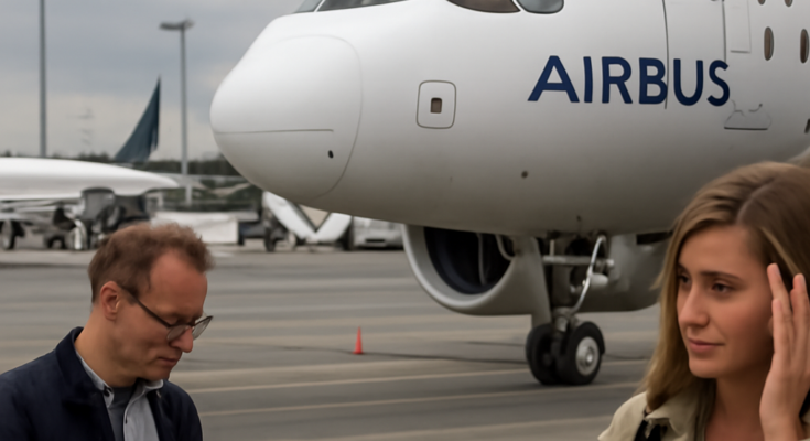 Alt-Text: „Passagiere warten mit Koffern in einer vollen Flughafenhalle vor Anzeigetafeln mit zahlreichen verspäteten und gestrichenen Flügen, im Hintergrund ein Airbus-Flugzeug am Gate – Symbolbild für Flugausfälle und Verspätungen durch ein Softwareproblem bei Airbus.“