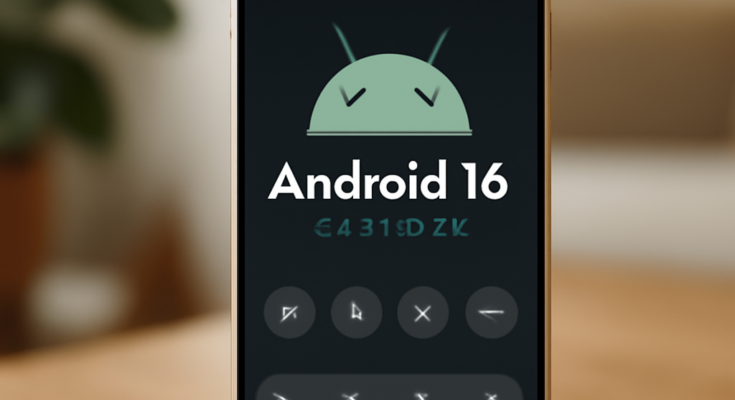Smartphone mit Google-Pixel-Oberfläche, auf dem ein aufgeräumter Android‑16‑Startbildschirm mit neuer Sperrbildschirm-Uhr, überarbeiteten Schnelleinstellungen und Hinweis auf das QPR3‑Beta‑2‑Update mit „Circle to Search“-Funktion zu sehen ist.