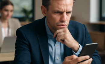 Alt-Text: „Symbolbild: Arbeitgeber liest auf einem Laptop oder Firmen-Smartphone Chatverläufe mit, während im Hintergrund eine Büroszene zu sehen ist – Thema Überwachung, Google-Update und Speicherung privater Nachrichten am Arbeitsplatz.“