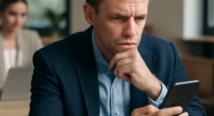 Alt-Text: „Symbolbild: Arbeitgeber liest auf einem Laptop oder Firmen-Smartphone Chatverläufe mit, während im Hintergrund eine Büroszene zu sehen ist – Thema Überwachung, Google-Update und Speicherung privater Nachrichten am Arbeitsplatz.“