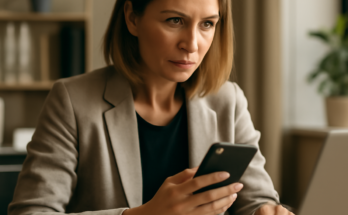 Symbolbild: Arbeitgeber sitzt vor Monitor mit geöffnetem Chatverlauf, daneben Google-Logo; im Vordergrund verunsicherte Angestellte, die auf ihr Smartphone mit Messenger-Nachrichten blickt – Thema Überwachung und Speicherung betrieblicher und privater Chats am Arbeitsplatz.