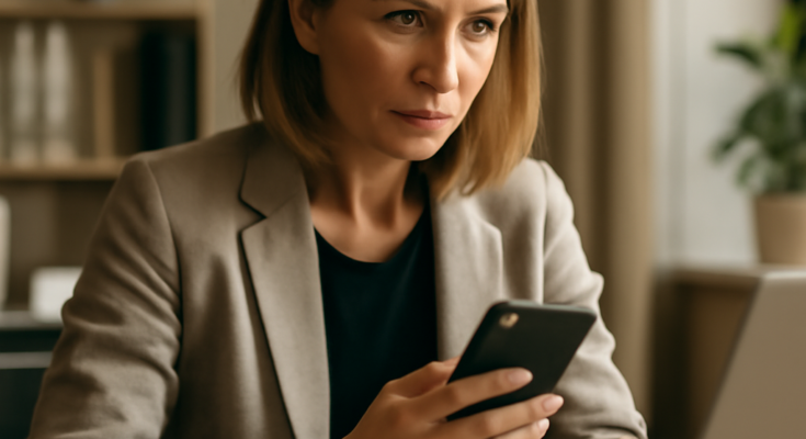 Symbolbild: Arbeitgeber sitzt vor Monitor mit geöffnetem Chatverlauf, daneben Google-Logo; im Vordergrund verunsicherte Angestellte, die auf ihr Smartphone mit Messenger-Nachrichten blickt – Thema Überwachung und Speicherung betrieblicher und privater Chats am Arbeitsplatz.