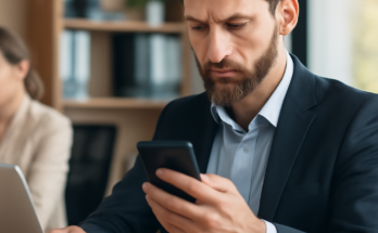 Symbolbild: Arbeitgeber liest auf einem Laptop Chatverläufe mit, während im Hintergrund das Google-Logo und EU-Sterne aufleuchten – Thema Überwachung und Speicherung dienstlicher und teils privater Nachrichten am Arbeitsplatz.