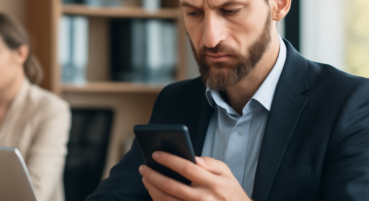 Symbolbild: Arbeitgeber liest auf einem Laptop Chatverläufe mit, während im Hintergrund das Google-Logo und EU-Sterne aufleuchten – Thema Überwachung und Speicherung dienstlicher und teils privater Nachrichten am Arbeitsplatz.