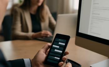 Symbolbild: Arbeitgeber liest auf einem Bildschirm Chatverläufe mit, während im Hintergrund das Google-Logo und ein Büroarbeitsplatz mit Laptop und Smartphone zu sehen sind – Thema Überwachung und Speicherung privater Nachrichten am Arbeitsplatz.
