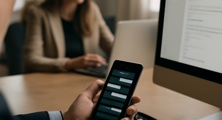 Symbolbild: Arbeitgeber liest auf einem Bildschirm Chatverläufe mit, während im Hintergrund das Google-Logo und ein Büroarbeitsplatz mit Laptop und Smartphone zu sehen sind – Thema Überwachung und Speicherung privater Nachrichten am Arbeitsplatz.
