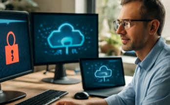 Symbolbild: Abstrakte Darstellung von IT-Sicherheit 2026 mit Cloud-Icon, digitalem Schloss und vernetzten Identitäten auf einem dunklen Hintergrund, ergänzt um KI- und Datenströme, die Themen wie Cloud-Security, Zero Trust, Automatisierung und Regulierung visualisieren.