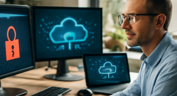 Symbolbild: Abstrakte Darstellung von IT-Sicherheit 2026 mit Cloud-Icon, digitalem Schloss und vernetzten Identitäten auf einem dunklen Hintergrund, ergänzt um KI- und Datenströme, die Themen wie Cloud-Security, Zero Trust, Automatisierung und Regulierung visualisieren.