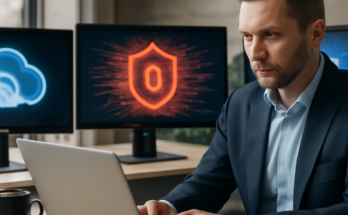 Symbolgrafik zu IT-Sicherheitstrends 2026: abstrahierte Cloud- und On-Premises-Infrastruktur, KI-Elemente, Zero-Trust-Schild und vernetzte Icons für Identität, Compliance und Automatisierung.