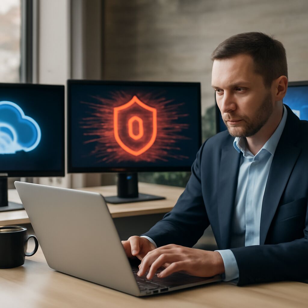 Symbolgrafik zu IT-Sicherheitstrends 2026: abstrahierte Cloud- und On-Premises-Infrastruktur, KI-Elemente, Zero-Trust-Schild und vernetzte Icons für Identität, Compliance und Automatisierung.