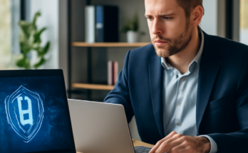 Symbolbild: Geschäftsperson analysiert auf einem Laptop Cloud- und Sicherheits-Icons, die vernetzte IT-Infrastruktur, Investitionen in Cloud-Security, Identitäts- und Zugriffsmanagement, Datensicherheit und Automatisierung visualisieren.