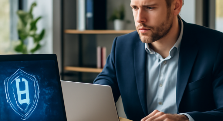 Symbolbild: Geschäftsperson analysiert auf einem Laptop Cloud- und Sicherheits-Icons, die vernetzte IT-Infrastruktur, Investitionen in Cloud-Security, Identitäts- und Zugriffsmanagement, Datensicherheit und Automatisierung visualisieren.