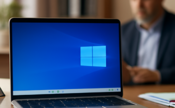 Beitragsbild: Symbolgrafik mit mehreren PCs, auf deren Bildschirmen das Windows‑10-Logo zu sehen ist, darüber ein auffälliges Warnsymbol oder Schild zu IT-Sicherheit, das auf die weiter hohe Verbreitung von Windows 10 trotz nahendem Support-Ende und steigenden Sicherheitsrisiken hinweist.